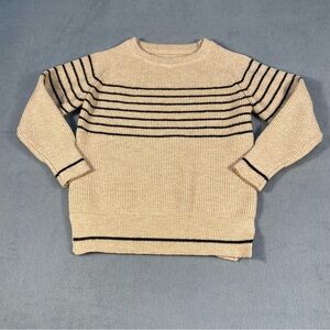 Women’s Beige & Black Striped Ribber Knit Pullover Sweater, Long Sleeves